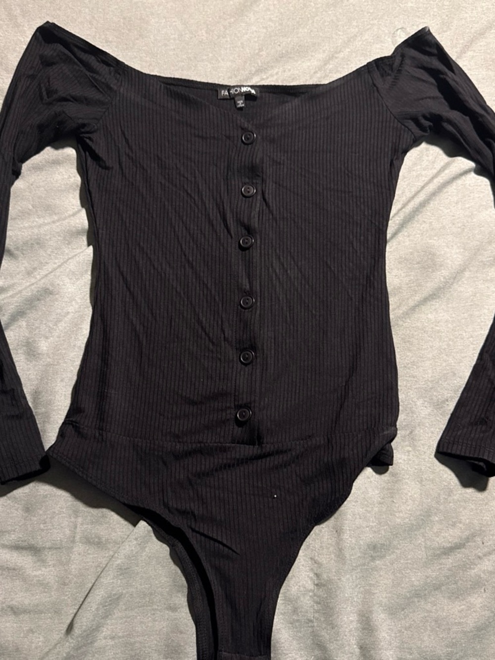 Fashion Nova Black Ribbed Off-Shoulder Button Front Long Sleeve Bodysuit